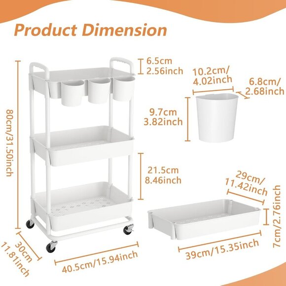 3-Tier Plastic Rolling Storage Cart Utility Cart with Extra Hanging Cups Handles - Picture 2 of 7
